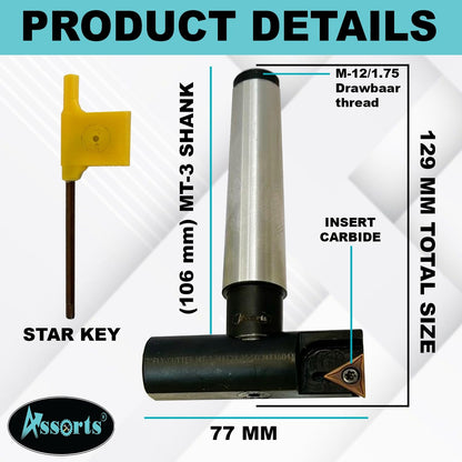 Assorts 3" Indexable Fly Cutter with MT3 Shank (M12 x 1.75 Drawbar Thread) – TCMT 1604 Carbide Insert Compatible – Precision Milling Tool for Surface Facing