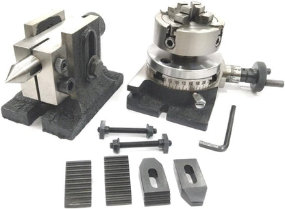 Assorts 3" Inches/ 80 Mm Rotary Table With 70 Mm-4 Jaws Independent Chuck+ Back Plate +fixing T Nuts Bolts + Suitable Tailstock & M6 Clamp Kit