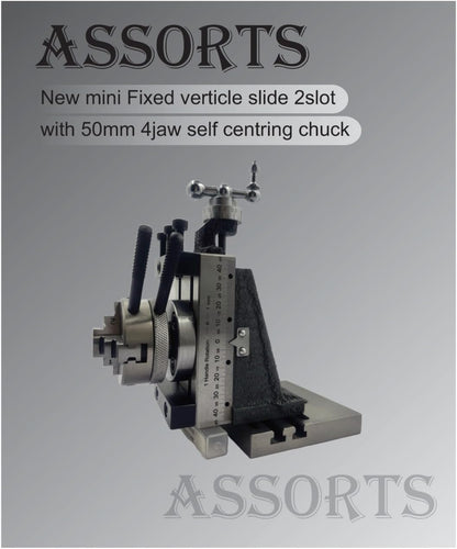 Assorts Mini Vertical Slide 90x50mm (2-Slot) – Fixed & Swivel, 3-Jaw/4-Jaw, Base Plate & Z-Angle Plate for Mini Lathe (Fixed Slide (2-Slot) + 4-Jaw Chuck + Base Plate)