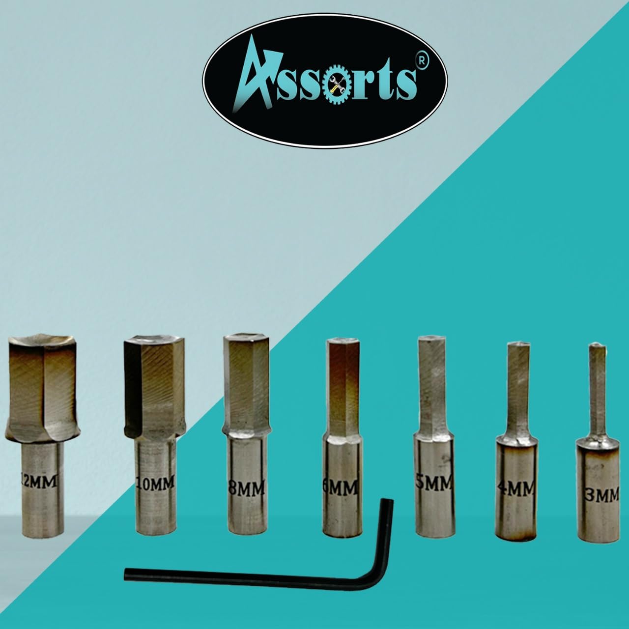 Assorts Straight Shank Rotary Broaching Live Center Set with 7 HSS HEX Punches (3mm–12mm) – Precision Lathe Tooling Kit