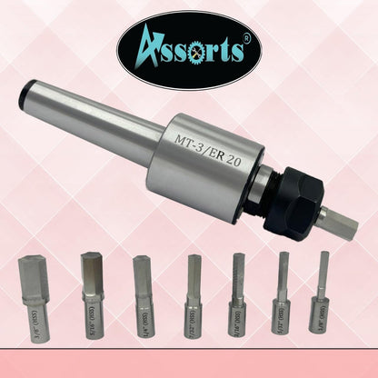 Assorts MT3 Shank Rotary Broach Kit with ER-20 Adapter & 7-Piece Hex Broach Set – Premium Precision Tools for CNC and Milling Operation
