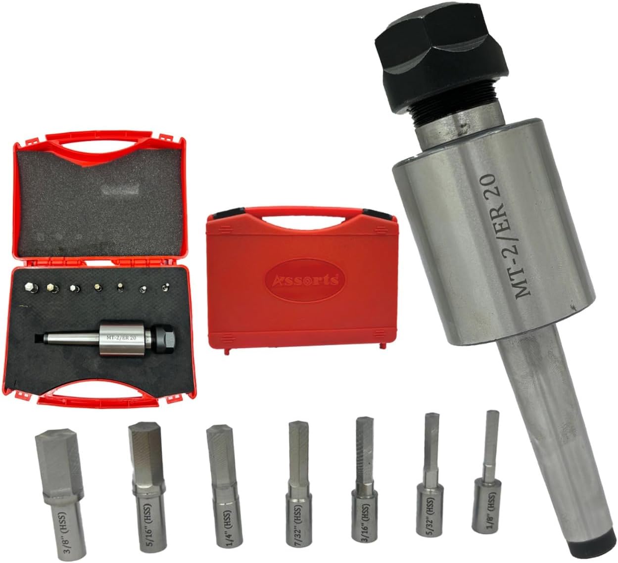 MT2 Shank Rotary Broach Kit with ER-20 Adaptor & 7-Piece Hex Broach Set – Precision Tooling for CNC and Milling Machines