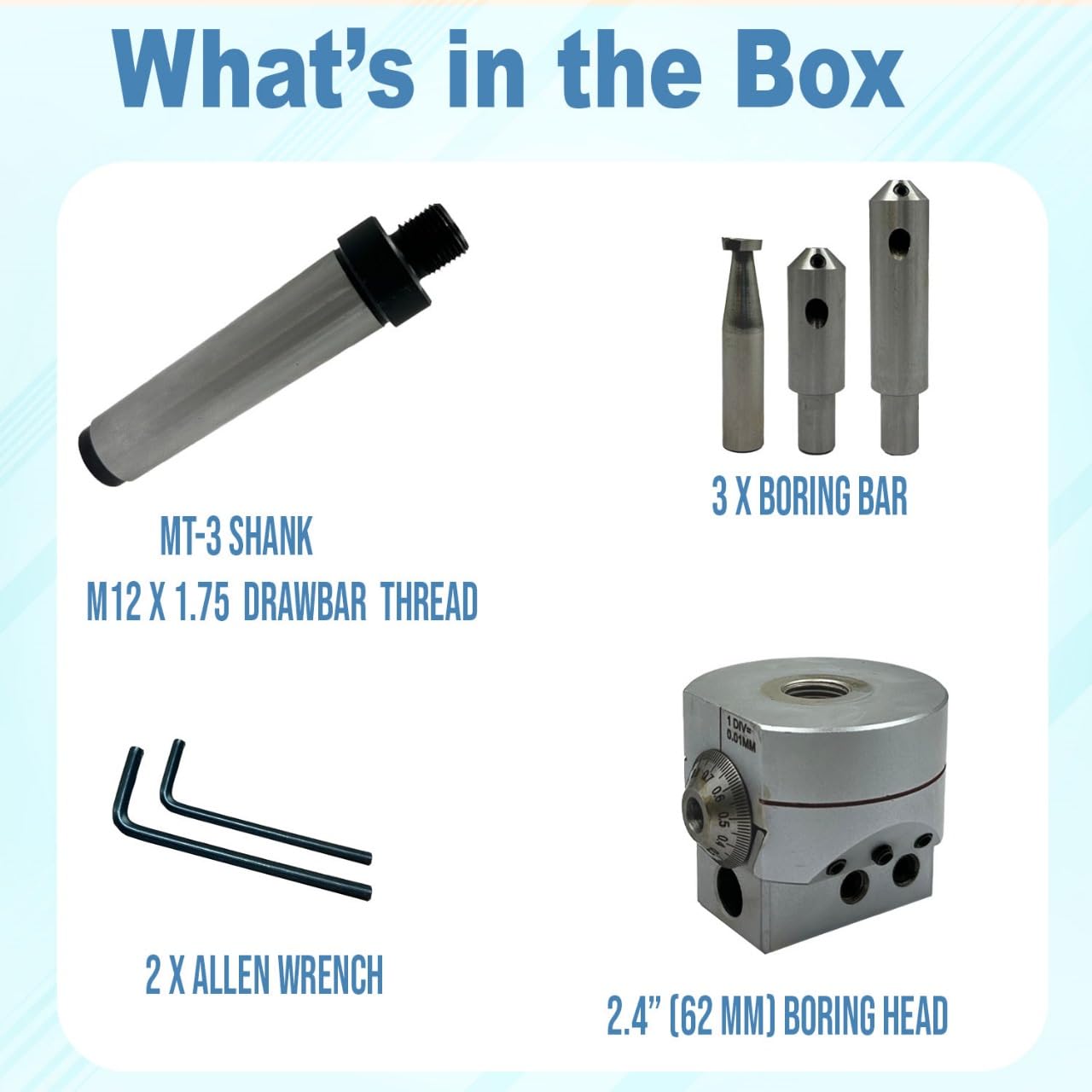 Boring Head Diameter 62 mm with 2 x Fly Cutting Tool Holders & 2 x Carbide Brazed Tools II 1 Division: 0.01 mm (MT3 (M12 x 1.75 Drawbar))