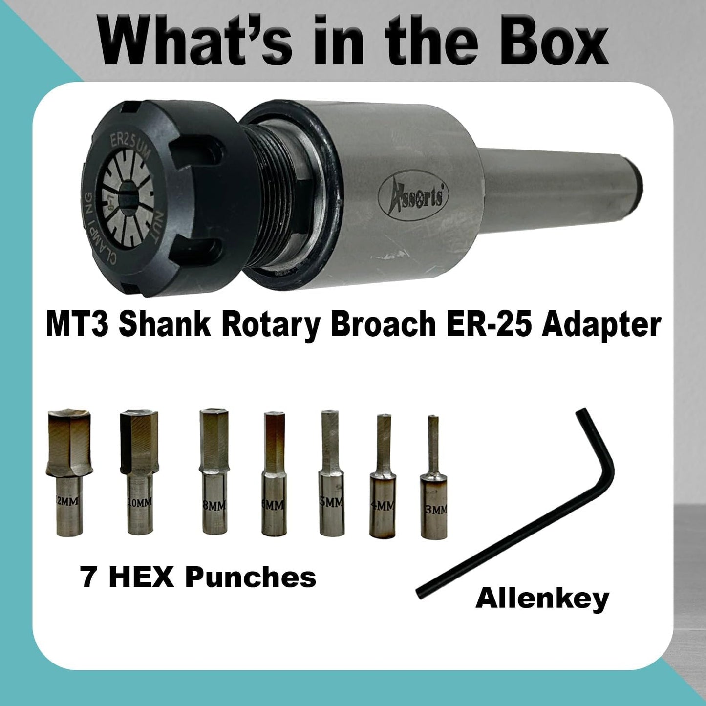 ASSORTS MT3 Shank Rotary Broach ER-25 Adapter with 7 HEX Broaches (3mm to 12mm) | Precision CNC Tooling for Hexagonal Hole Cutting | Durable Metalworking Broach Set