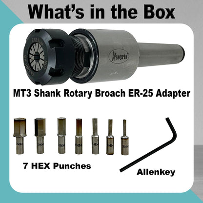 ASSORTS MT3 Shank Rotary Broach ER-25 Adapter with 7 HEX Broaches (3mm to 12mm) | Precision CNC Tooling for Hexagonal Hole Cutting | Durable Metalworking Broach Set