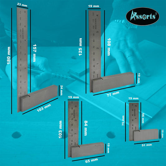 Assorts' Precision Machinist 2"/ 3"/ 4" & 6" Inches Steel Try Square DIY General Workshop Tools (SET of 4 SIZES) for Metal & Wood Workers-Supplied in Wooden Box