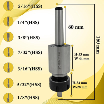 MT2 Shank Rotary Broach with ER-25 Adapter 7 Hex Broaches Set - Precision Machining Tool Kit