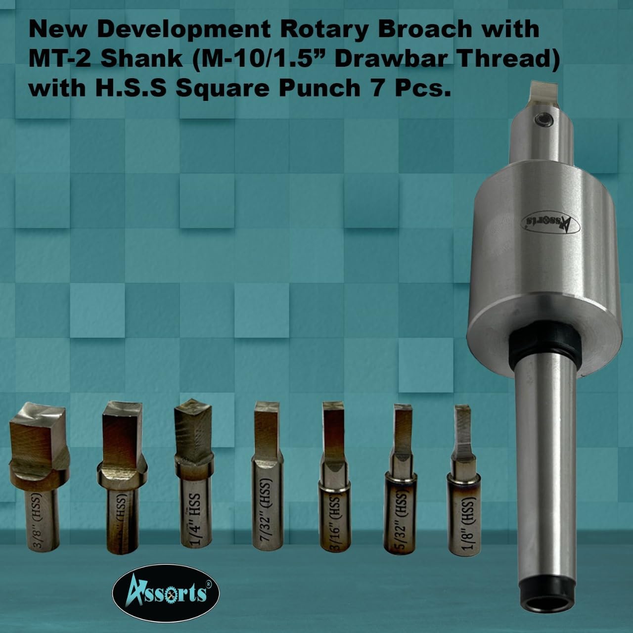 ASSORTS New Development MT3 Rotary Broach Set with M12/1.75” Drawbar Thread | 7pcs HSS Hex Punches (3–12mm) | Precision Internal Hex Broaching Tool for Lathe, Milling & CNC Machines