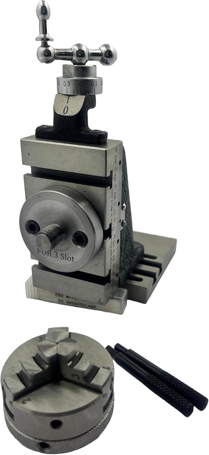 Assorts New High-Precision Mini Fixed Vertical Slide (90mm X 50mm) with Integrated Side Scale (3 Slots) and Base Plate, Featuring a 50mm 3-jaw Self-Centering Chuck with Back Plate