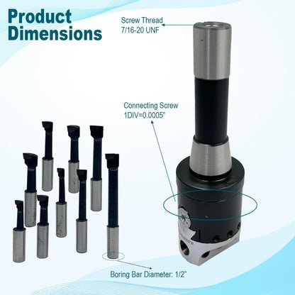 Precision Boring Head 2" for Milling & Lathe Machine 1 Div=0.0005" (R8 SHANK (7/16" UNF))