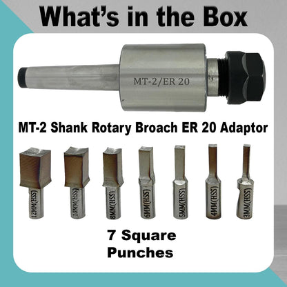 ASSORTS MT-2 Shank Rotary Broach Holder with ER20 Adapter & 7-Piece Square Punch Broach Set (3–12mm) for CNC Lathe, Milling Machine, Internal Square Hole Cutting & Precision Metalworking Tools