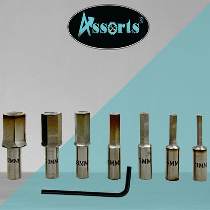Assorts® MT2 Shank Rotary Broaching Live Center Set with 7 HSS Hex Punches (3mm–12mm) – Tool for Lathe Metalworking – Internal Hex Hole Cutting with Broaching Instructions