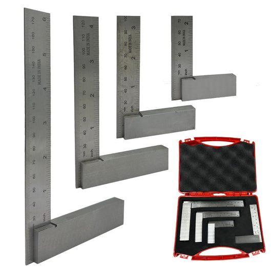 Assorts' Precision Machinist 2"/ 3"/ 4" & 6" Inches Steel Try Square DIY General Workshop Tools (SET of 4 SIZES) for Metal & Wood Workers-Supplied in Wooden Box