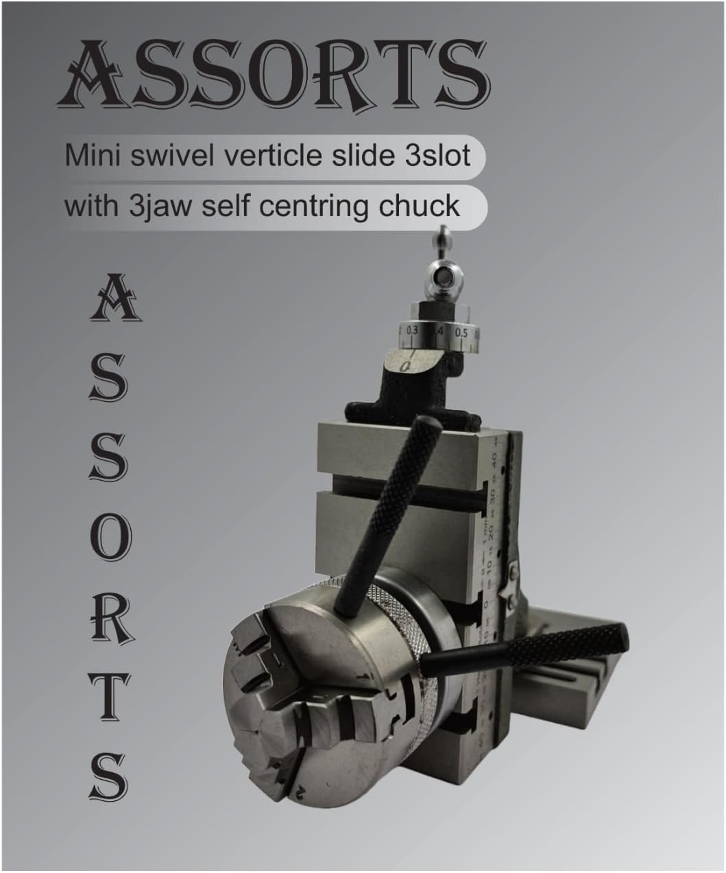 Assorts New Mini Swivel Vertical Slide (90mm X 50mm) featuring 3 Slots, a Side Scale, and a Base Plate, Enhanced with a Reliable 50mm 3-jaw Self-Centering Chuck including Back Plate