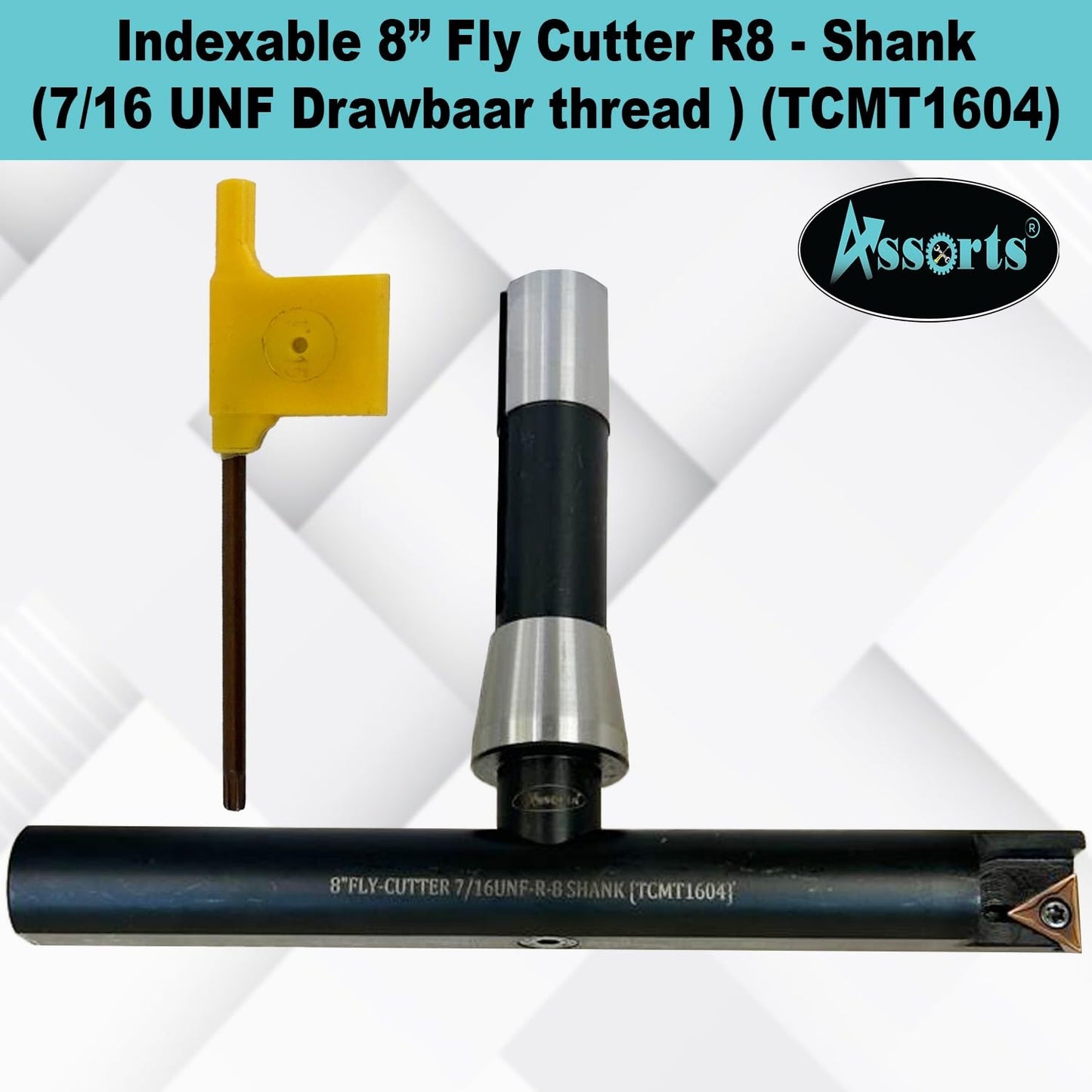 Assorts 8″ Balanced Fly Cutter Indexable Face Milling Cutter with R8 Shank (7/16″ UNF Drawbar Thread), Single TCMT1604 Insert, Torx Screw & Star Key Included