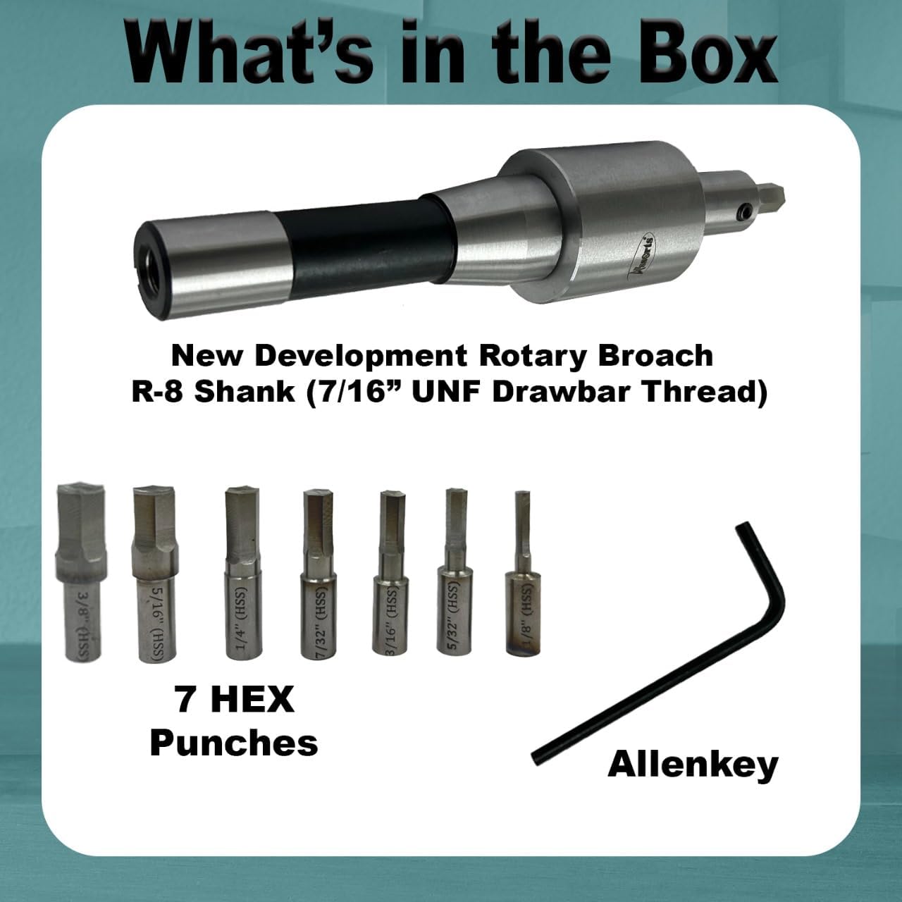 Assorts Precision Rotary Broach – R8 Shank (7/16" UNF) with HSS Hex Punches – CNC, Lathe, Milling & Drilling Compatible