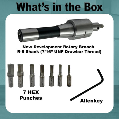 Assorts Precision Rotary Broach – R8 Shank (7/16" UNF) with HSS Hex Punches – CNC, Lathe, Milling & Drilling Compatible