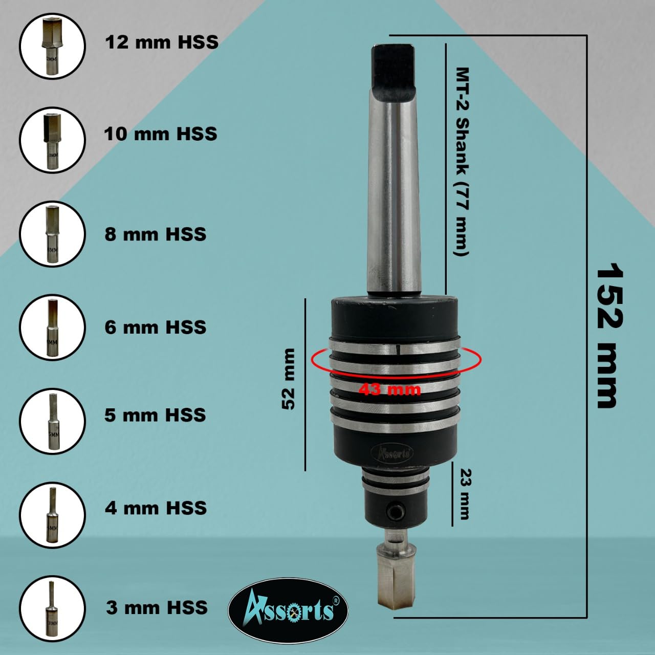 Assorts® MT2 Shank Rotary Broaching Live Center Set with 7 HSS Hex Punches (3mm–12mm) – Tool for Lathe Metalworking – Internal Hex Hole Cutting with Broaching Instructions