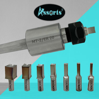 ASSORTS MT-2 Shank Rotary Broach Holder with ER20 Adapter & 7-Piece Square Punch Broach Set (3–12mm) for CNC Lathe, Milling Machine, Internal Square Hole Cutting & Precision Metalworking Tools