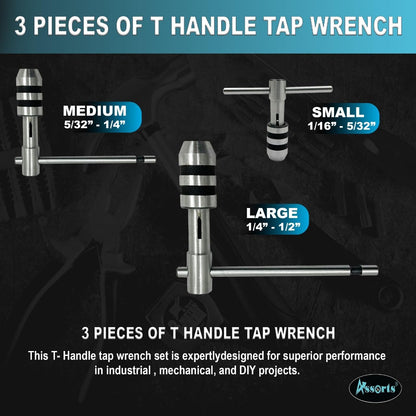 ASSORTS T-Handle Tap Wrench Set – 3 Pcs | Solid Collet Jaws for Precision Tapping & Reaming