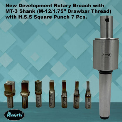 ASSORTS Precision Rotary Broach with MT3 M12 x 1.75 Drawbar Thread and H.S.S Square Punch 7 Pcs– Ideal for CNC, Lathe, Milling & Drilling