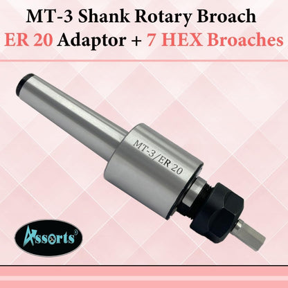 Assorts MT3 Shank Rotary Broach Kit with ER-20 Adapter & 7-Piece Hex Broach Set – Premium Precision Tools for CNC and Milling Operation