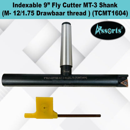 Assorts 9″ Balanced Fly Cutter Indexable Face Milling Cutter with MT3 Shank (M12 × 1.75 Drawbar Thread), Single TCMT1604 Insert, Torx Screw & Star Key Included
