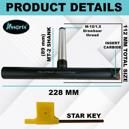 Assorts 9″ Balanced Fly Cutter Indexable Face Milling Cutter with MT2 Shank (M10 × 1.5 Drawbar Thread), Single TCMT1604 Insert, Torx Screw & Star Key Included