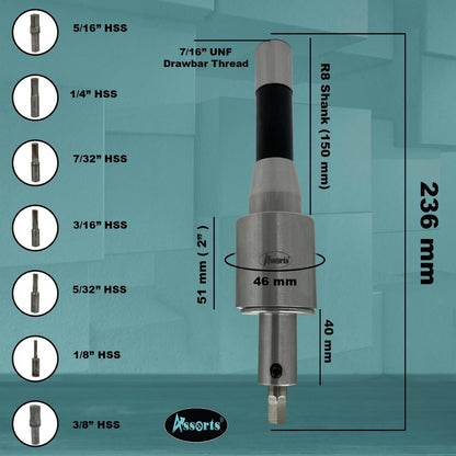 Assorts Precision Rotary Broach – R8 Shank (7/16" UNF) with HSS Hex Punches – CNC, Lathe, Milling & Drilling Compatible