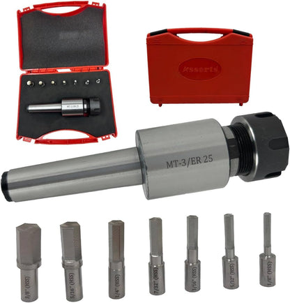 MT3 Shank Rotary Broach Kit with ER-25 Adapter and 7-Piece Hex Broach Set