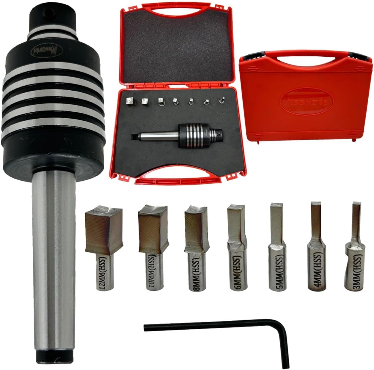 Assorts® MT2 Shank Rotary Broaching Live Center Set with 7 HSS Square Punches (3mm–12mm) – Tool for Lathe Metalworking – Internal Hex & Square Hole Cutting with Broaching Instructions
