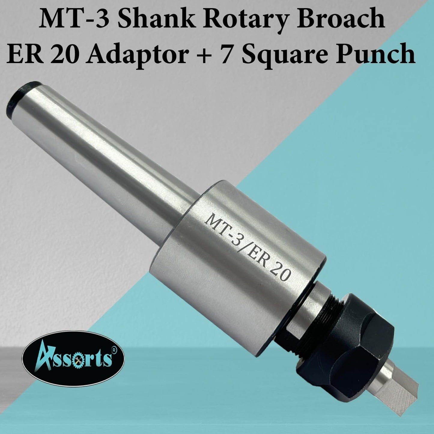 ASSORTS MT3 Shank Rotary Broaching Tool Set with ER20 Holder & 7 High Speed Steel Square Broach Punches | 3–12mm Internal Square Hole Cutter for CNC, Lathe & Mill Machining