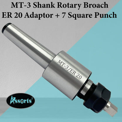 ASSORTS MT3 Shank Rotary Broaching Tool Set with ER20 Holder & 7 High Speed Steel Square Broach Punches | 3–12mm Internal Square Hole Cutter for CNC, Lathe & Mill Machining