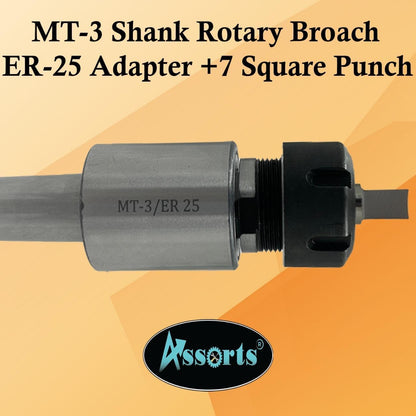 MT3 Shank Rotary Broach ER-25 Adapter + 7 Square Broaches