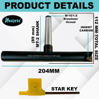 Assorts 8″ Balanced Fly Cutter Indexable Face Milling Cutter with MT2 Shank (M10 × 1.5 Drawbar Thread), Single TCMT1604 Insert, Torx Screw & Star Key Included