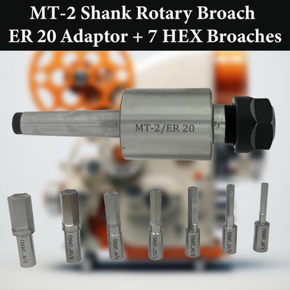 MT2 Shank Rotary Broach Kit with ER-20 Adaptor & 7-Piece Hex Broach Set – Precision Tooling for CNC and Milling Machines