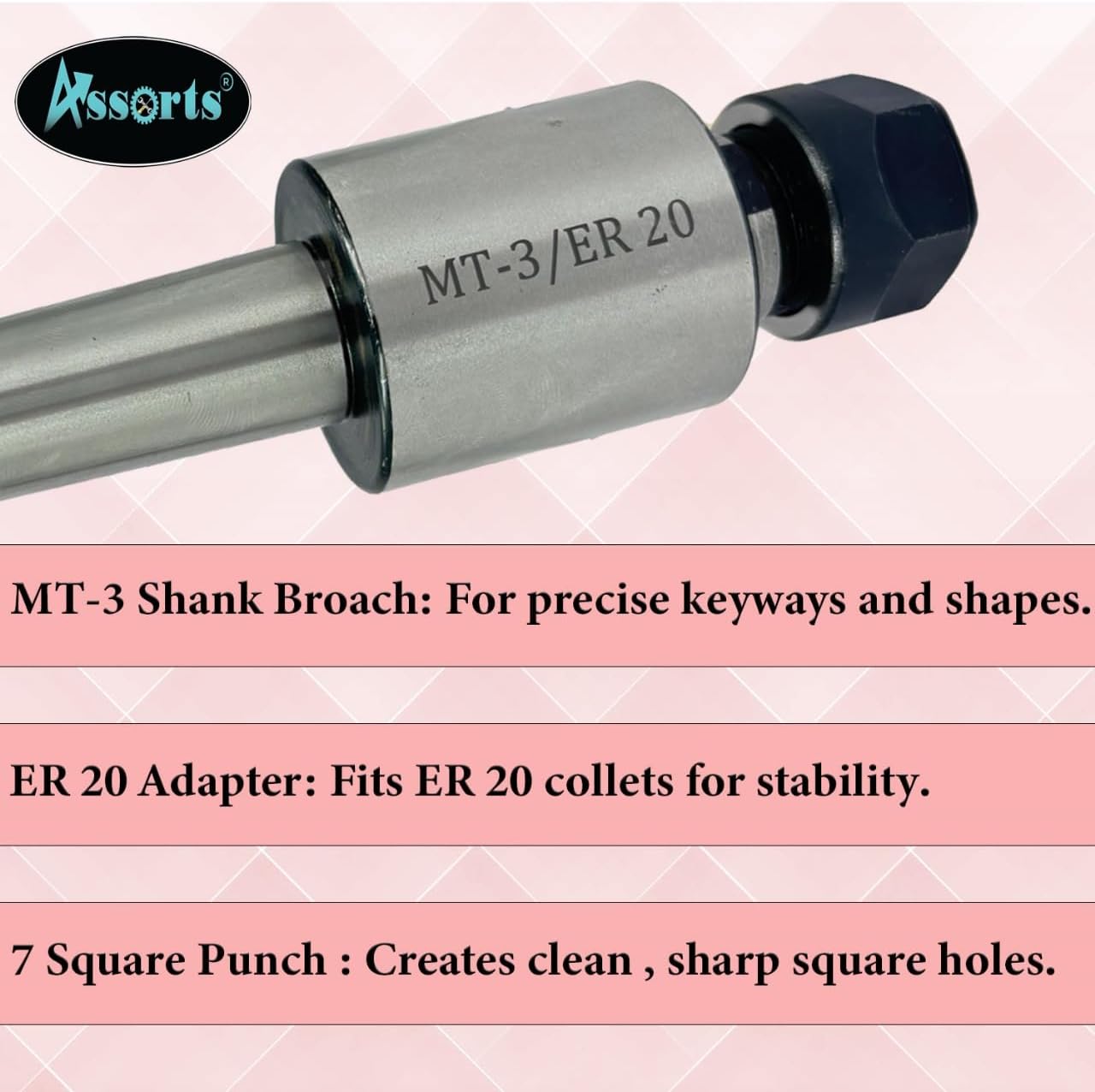 Assorts MT3 Shank Rotary Broach Kit with ER-20 Adapter & 7-Piece Square Broach Set – High-Precision Tools for CNC and Milling Excellence