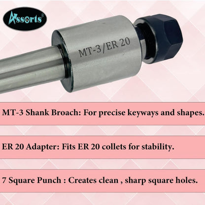 Assorts MT3 Shank Rotary Broach Kit with ER-20 Adapter & 7-Piece Square Broach Set – High-Precision Tools for CNC and Milling Excellence
