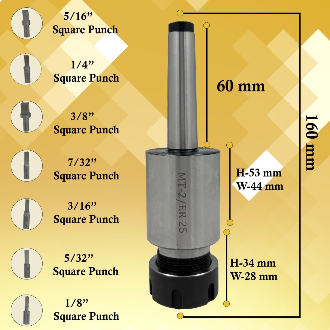 MT2 Shank Rotary Broach ER-25 Adapter with 7 Square Punches