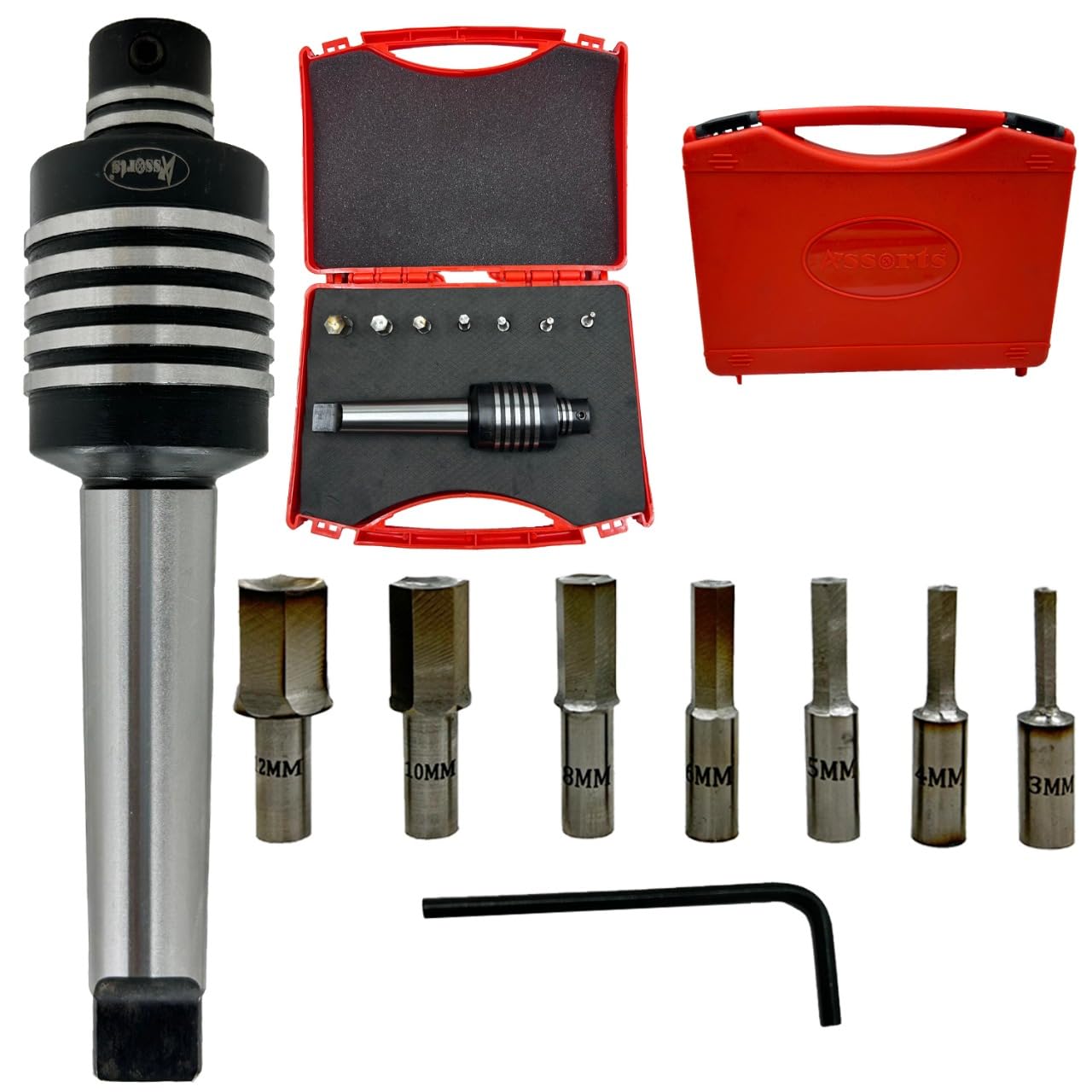 Assorts MT3 Teng Style Rotary Broaching Tool with 7 HSS Hex Punches (3mm–12mm) – High Precision Lathe Broach Set