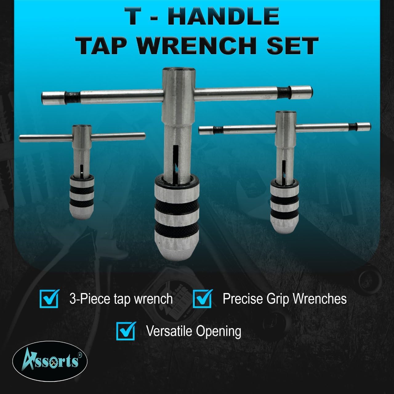 ASSORTS T-Handle Tap Wrench Set – 3 Pcs | Solid Collet Jaws for Precision Tapping & Reaming