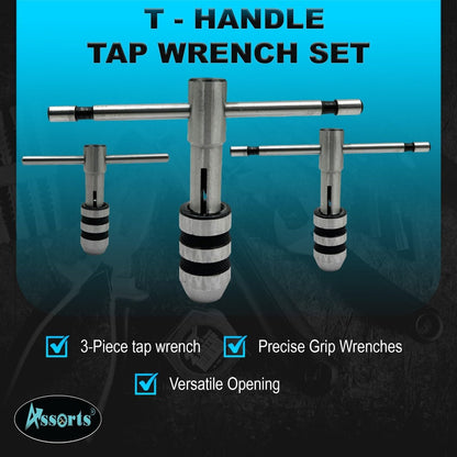 ASSORTS T-Handle Tap Wrench Set – 3 Pcs | Solid Collet Jaws for Precision Tapping & Reaming