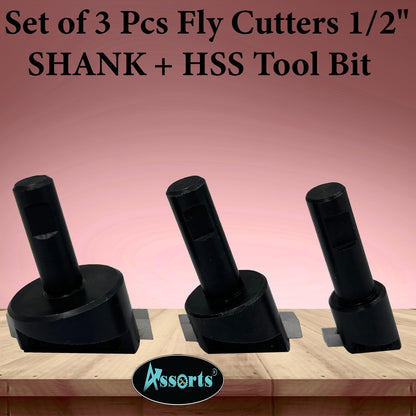 Set of 3 Pcs Fly Cutters 1/2" SHANK + HSS Tool Bit-Wooden Stand