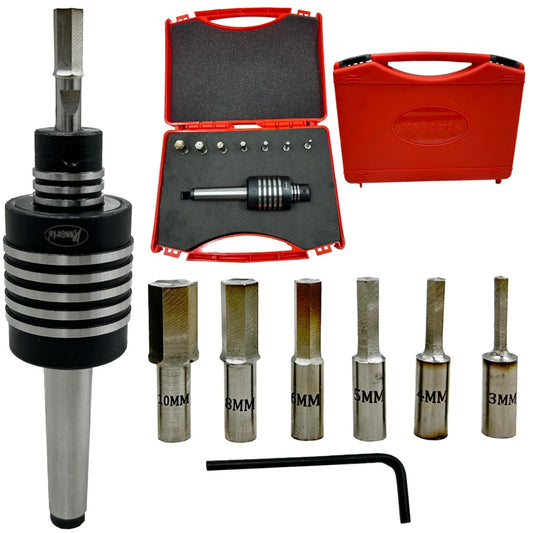 Assorts® MT2 Shank Rotary Broaching Live Center Set with 7 HSS Hex Punches (3mm–12mm) – Tool for Lathe Metalworking – Internal Hex Hole Cutting with Broaching Instructions