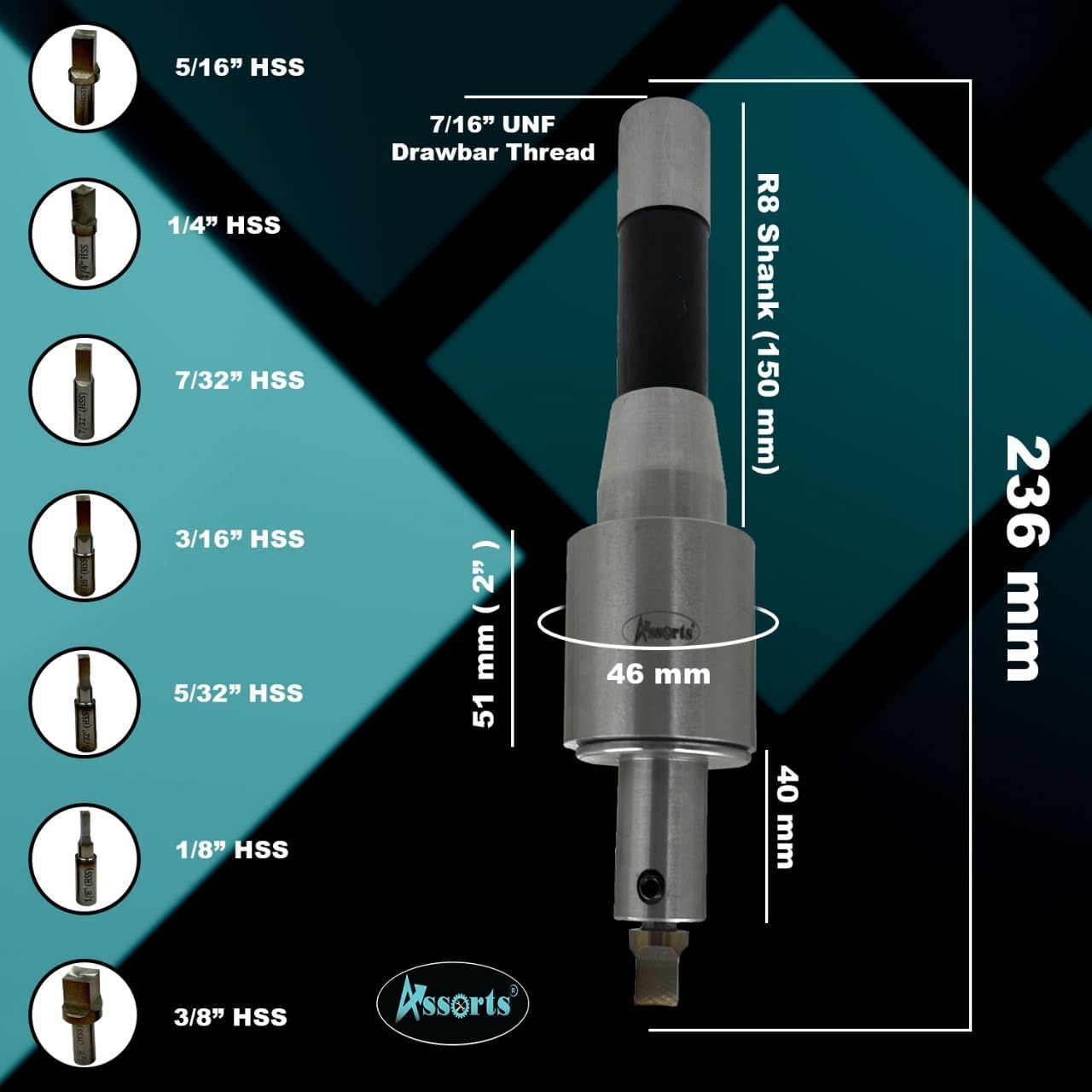 ASSORTS Precision Rotary Broach with R8 Shank (7/16" UNF Drawbar Thread) and H.S.S Square Punch 7 Pcs– Ideal for CNC, Lathe, Milling & Drilling Machines