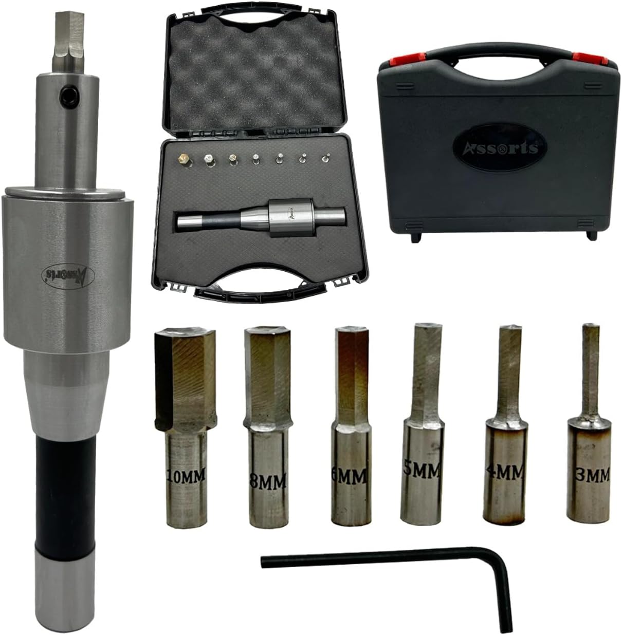 Assorts Newly Developed Rotary Broach (Metric) – R8 Shank (7/16” UNF Drawbar Thread) + 7 PCS H.S.S. Hex Punch Set (3–12 mm)