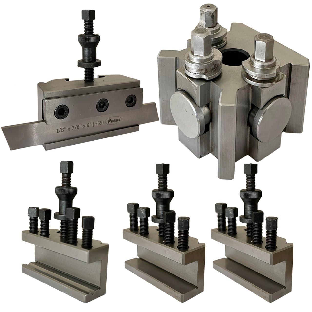T-2, S2 Quick Change Tool Post Set with 2 Standard Holders, 1 Vee Holder & 1 Parting Holder with 1/8” X 7/8” X 6” (P) HSS Parting Blade.