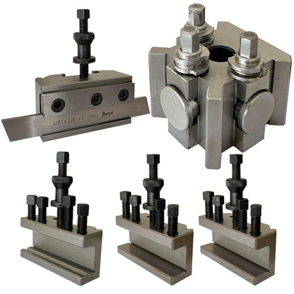 T-2, S2 Quick Change Tool Post Set with 2 Standard Holders, 1 Vee Holder & 1 Parting Holder with 1/8” X 7/8” X 6” (P) HSS Parting Blade.