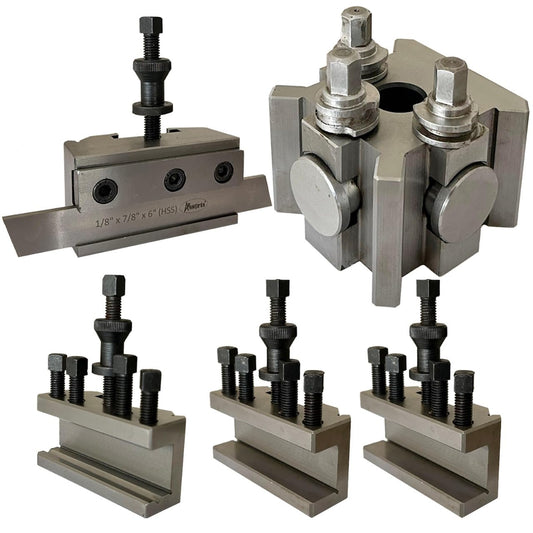T-2, S2 Quick Change Tool Post Set with 2 Standard Holders, 1 Vee Holder & 1 Parting Holder with 1/8” X 7/8” X 6” (P) HSS Parting Blade.
