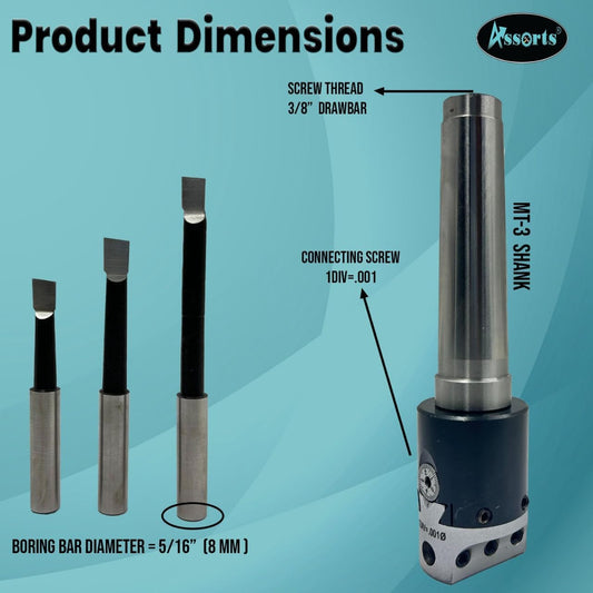 QUALITY PRECISION BORING HEAD DIAMETER 1.5" INCHES WITH CARBIDE TOOLS// 1 DIV: 0.001 THOU (3MT SHANK (BSW 3/8" X 16 TPI DRAWBAR))